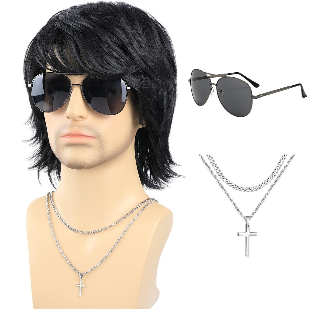 NWT PUREHAIR Men's Black 70s 80s Shag Wig Retro Rocker Costume Halloween